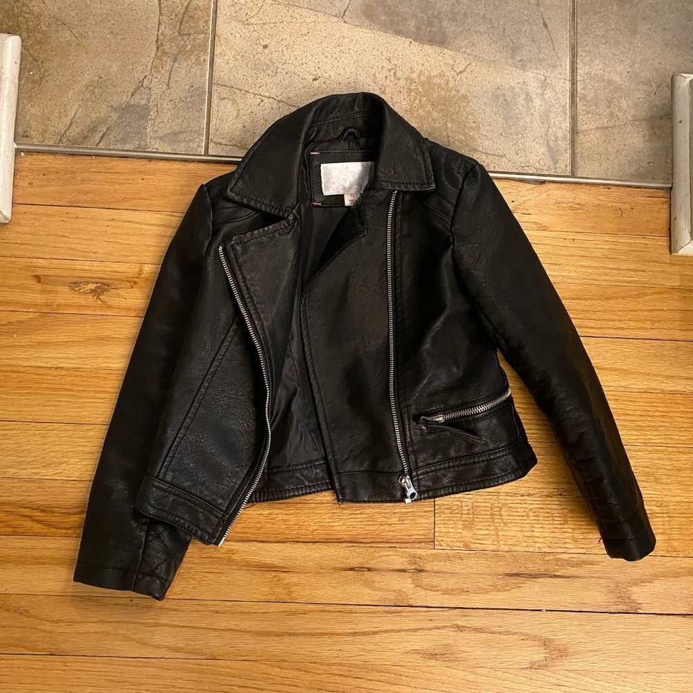 Girls XS Black Leather Jacket - Thick & Nice Quality - Cool Stitches & Zipper!